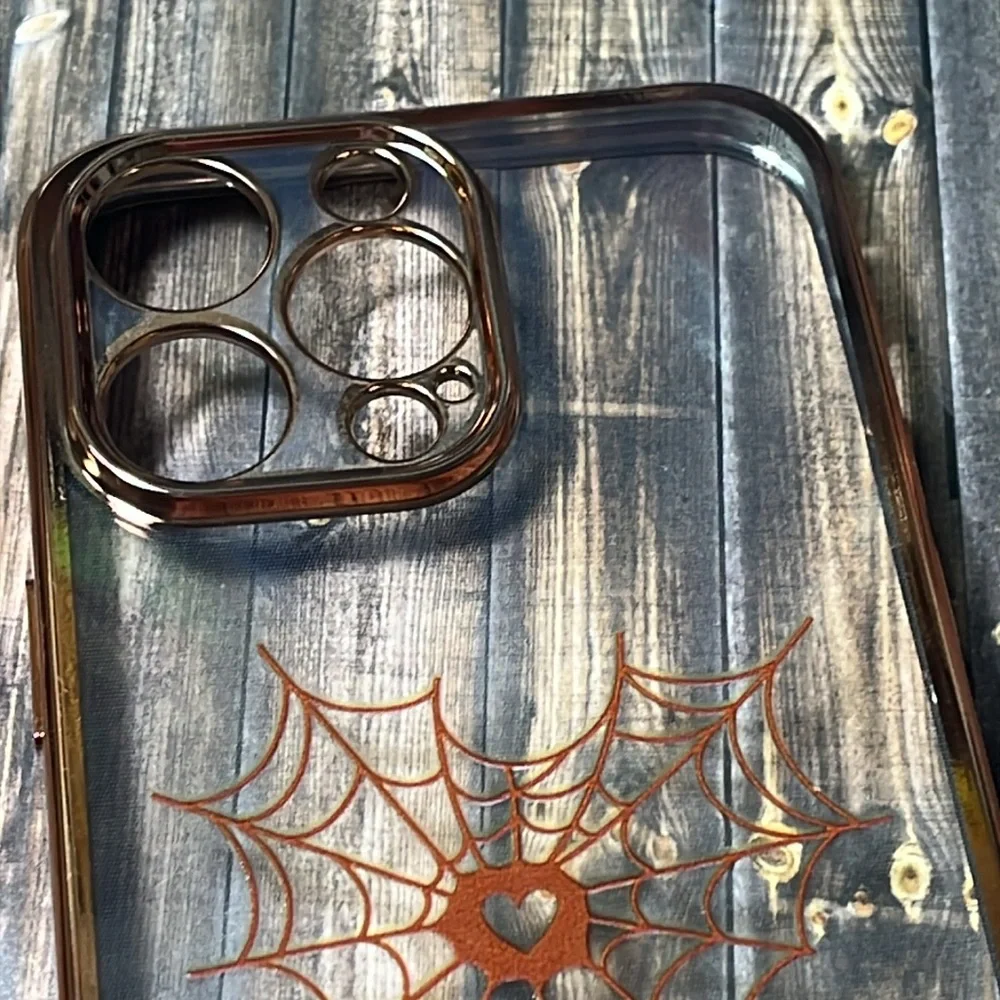 5for$10 Transparent iPhone 14 Pro Max Case Spider Web Gold Heart Soft Slim Case